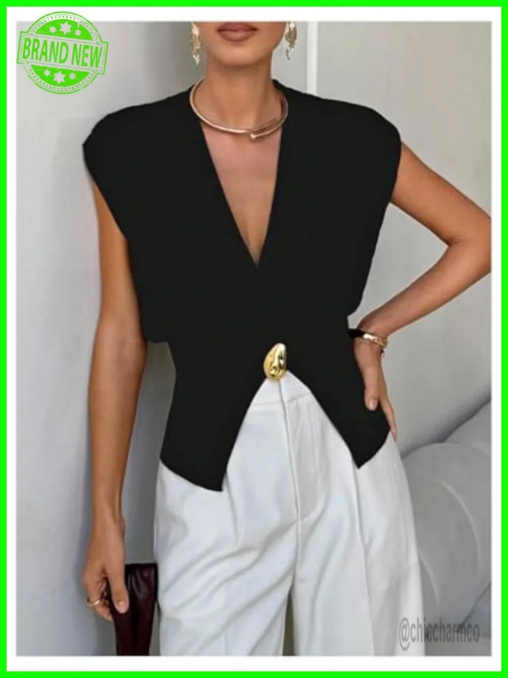 Sleeveless V Neck Sweater Vest Metal Button Slit Hem Knit Tank Top